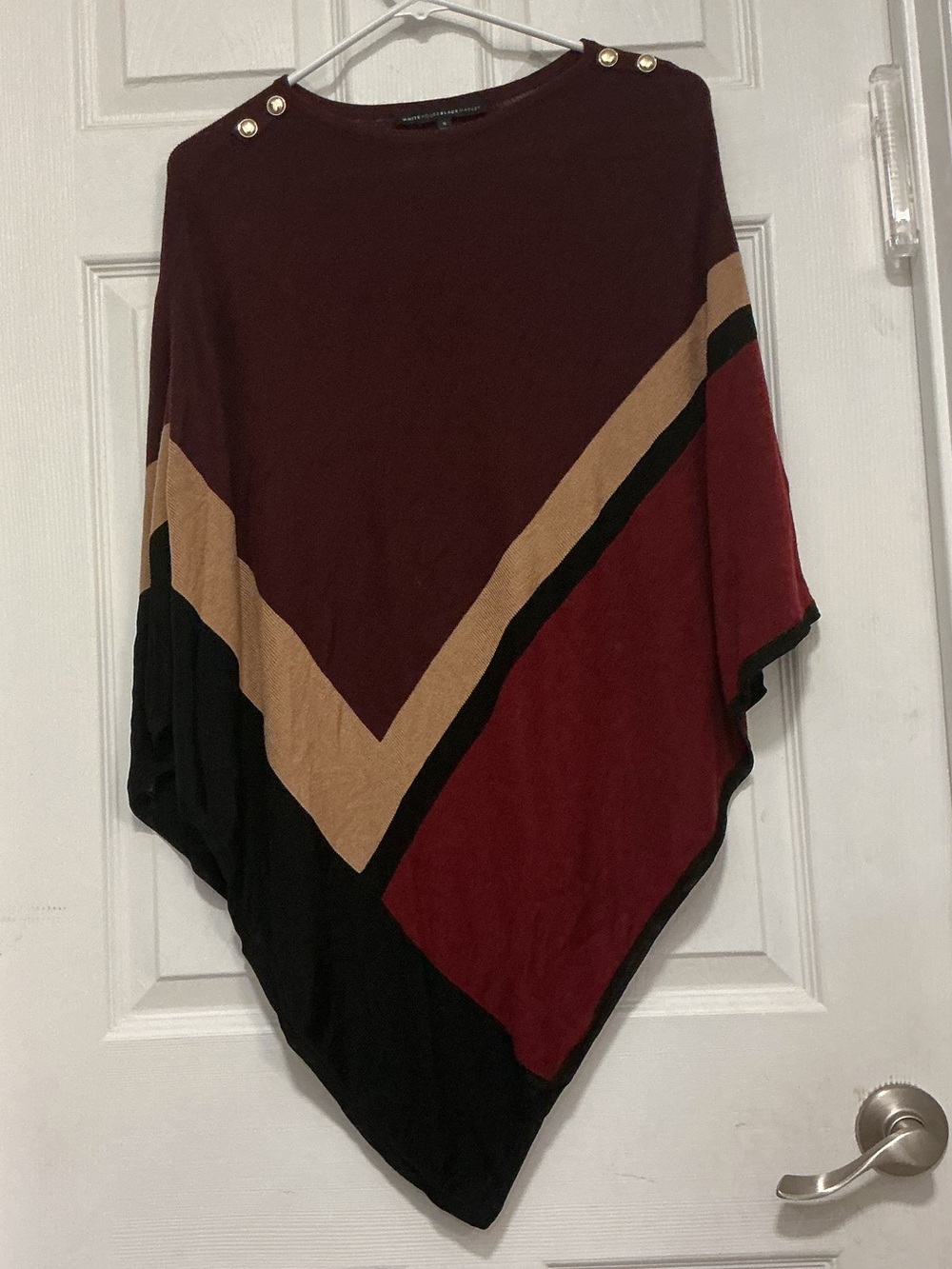 Women's Colorblock Button-Shoulder Poncho Sweater - Burgundy/Tan/Black